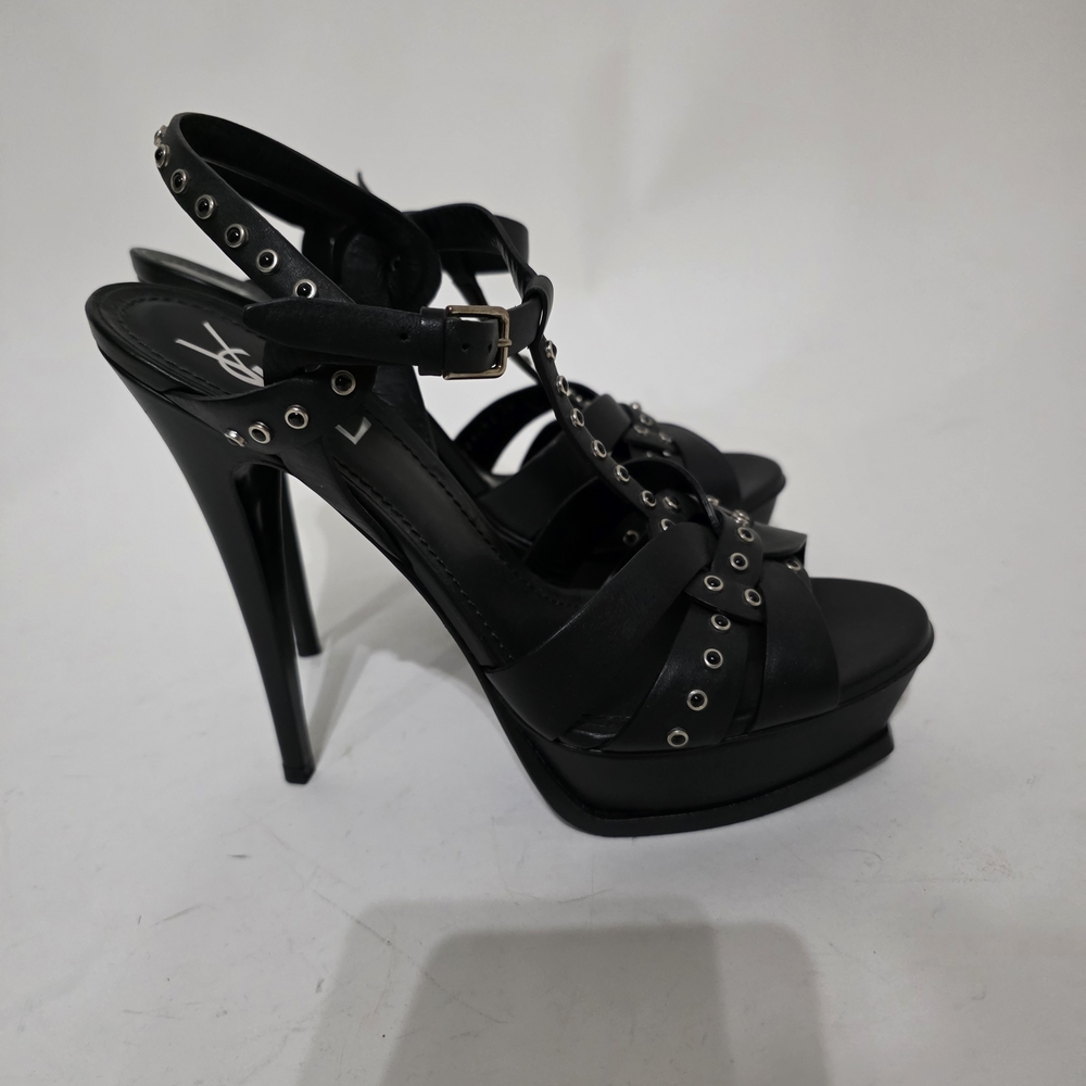 Saint Laurent Tribute Black Studded Strappy Platform Heels Women’s Size 40 - Picture 7 of 9